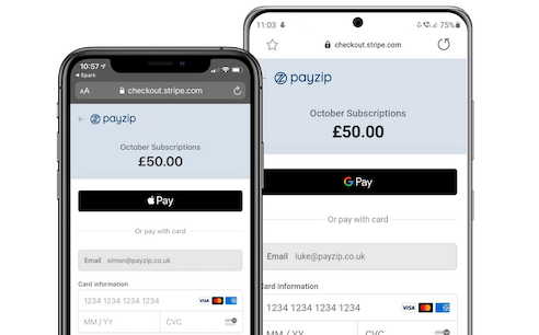 An image showing Apple Pay and Google Pay payment forms on two separate mobile phones