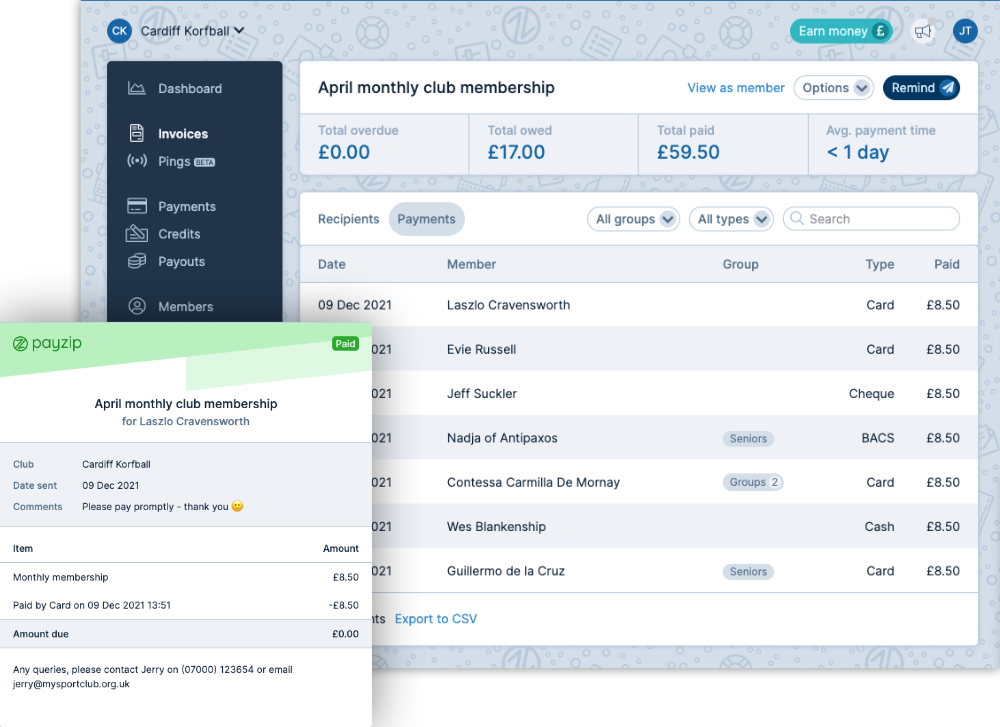 A green Payzip receipt screenshot marked "paid" floating in front of a Payzip dashboard screenshot showing a recent list of member payments for the example "April monthly club membership" invoice run